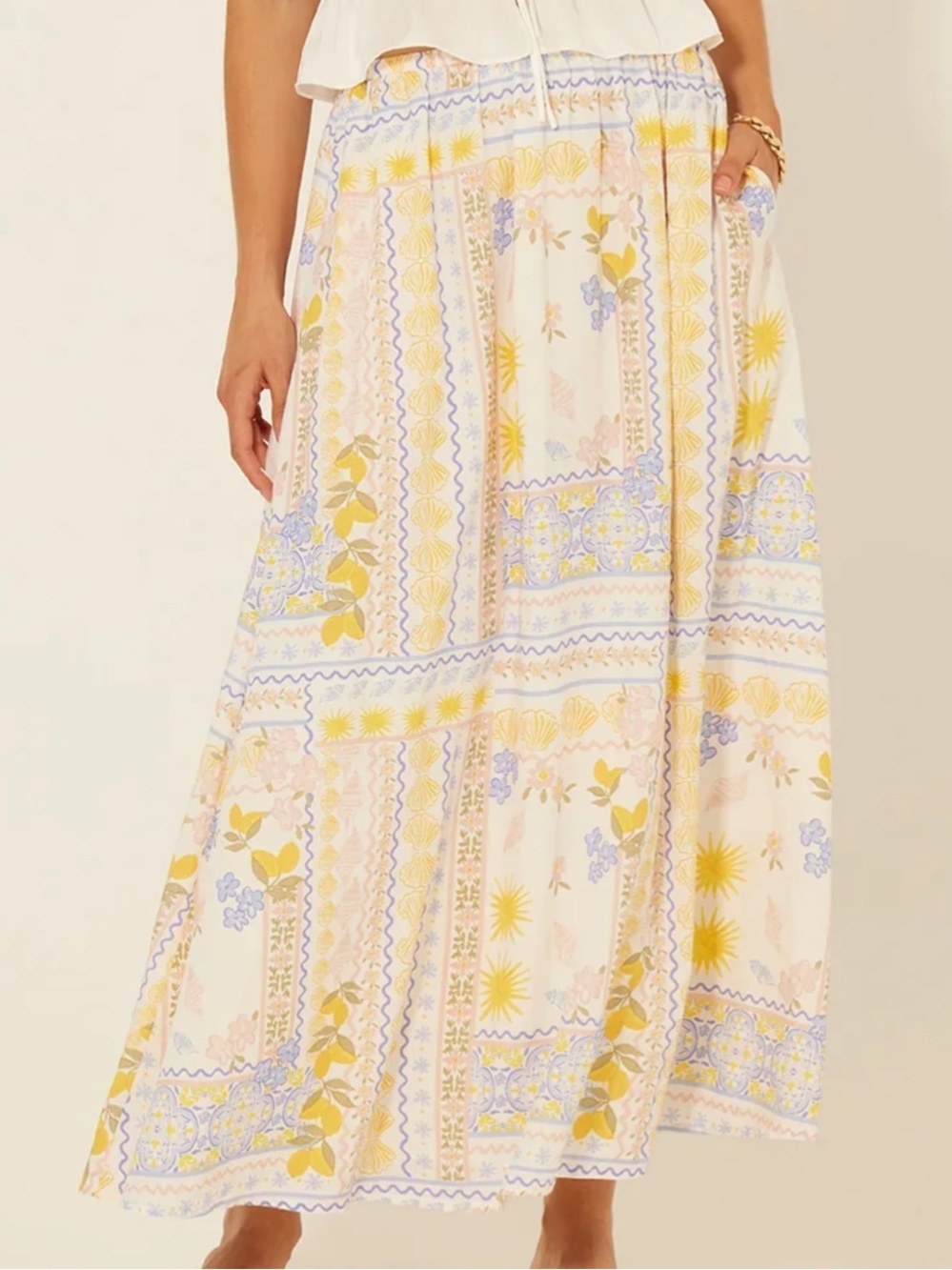 Bila Pastel Floral Patchwork Maxi Skirt - White, Yellow & blue